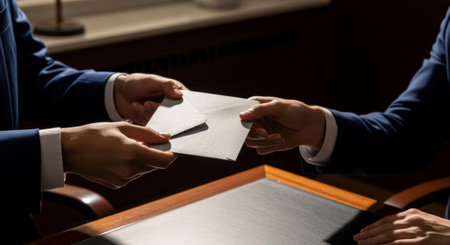 Close up of two elegantly dressed individuals in navy suits exchanging a grey envelope over a wooden desk in a dimly lit room, suggesting a confidential transaction or document transfer.の素材