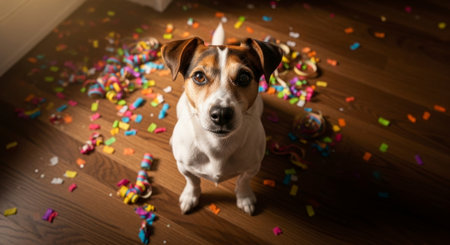 A small Jack Russell Terrier mix dog sits on a wooden floor, looking up at the camera, surrounded by colorful confetti and streamers after a celebration.の素材