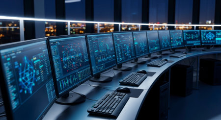 A long curved desk with multiple computer monitors displaying complex data, graphs, and network diagrams in a modern control room at night, overlooking a city skyline.の素材
