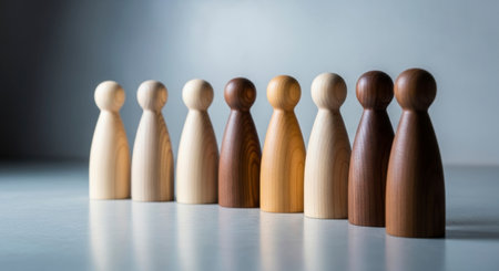 Seven minimalist wooden human shaped figures stand in a row, showcasing a spectrum of skin tones from light to dark, symbolizing diversity, equality, and inclusion within a community.の素材