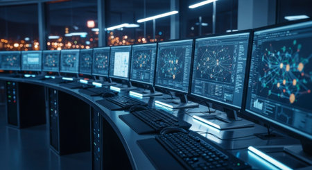 A curved row of computer monitors displaying data visualizations and network diagrams in a modern control room at night, with city lights in the background.の素材