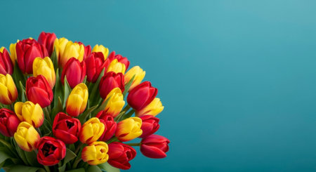 A vibrant, dense bouquet featuring numerous deep red and bright yellow tulips, arranged against a clean teal background with ample copy space.の素材