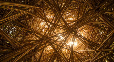 Intricate network of natural bamboo poles forming a complex, abstract architectural structure with warm light filtering through the gaps, creating a dynamic pattern.の素材