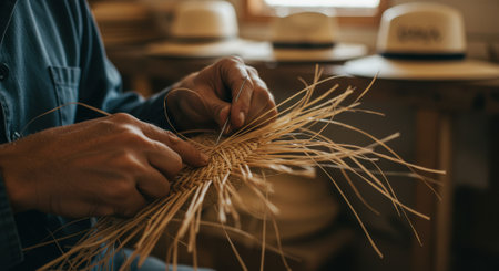 Close up of skilled hands meticulously weaving natural straw fibers to create a traditional hat, showcasing intricate craftsmanship and dedication to handmade artistry in a workshop setting.の素材