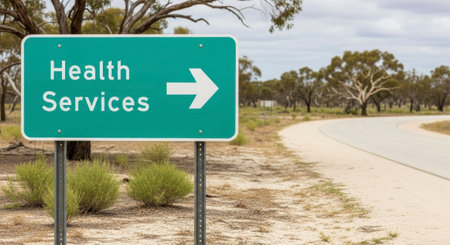A teal road sign with Health Services and a right pointing arrow stands beside a dirt road in a dry, rural landscape with sparse trees and bushes under a cloudy sky.の素材