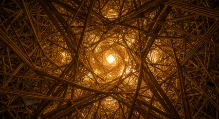 A complex, intricate structure of interwoven bamboo like rods creating an abstract pattern with a central golden light source, forming a tunnel or vortex effect.の素材