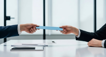 Close up of two business professionals' hands exchanging a blue document or folder across a white table in a modern office setting, symbolizing a transaction or agreement.の素材