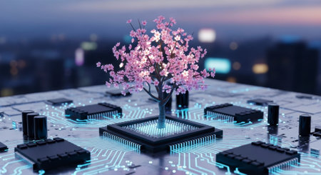 A delicate cherry blossom tree with pink flowers growing from a glowing circuit board, symbolizing the integration of nature and technology and sustainable innovation.の素材