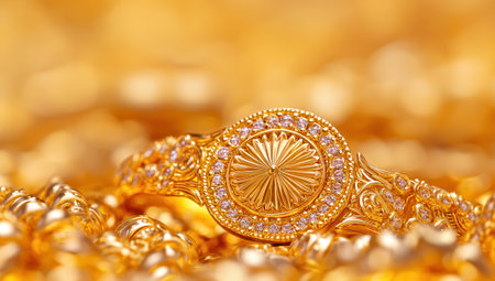 A close up of an intricate gold bracelet with filigree design and sparkling stones, resting on a bed of other gold jewelry, creating a luxurious and opulent display.の素材