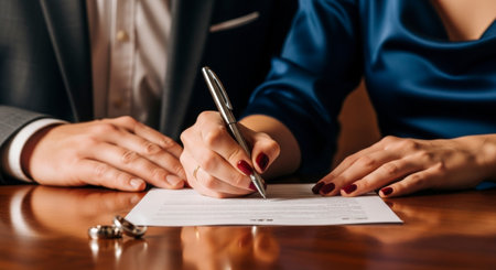 Close up of a couple hands signing a legal document on a wooden table, with wedding rings placed nearby. This image represents divorce, separation, or a significant legal agreement.の素材