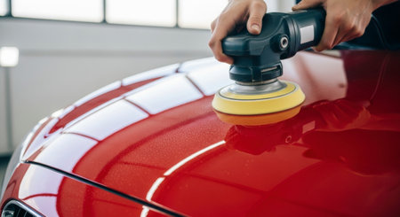 Close up of a person hands using an orbital polisher to buff and wax the glossy red hood of a car, enhancing its shine and finish during a professional detailing service.の素材