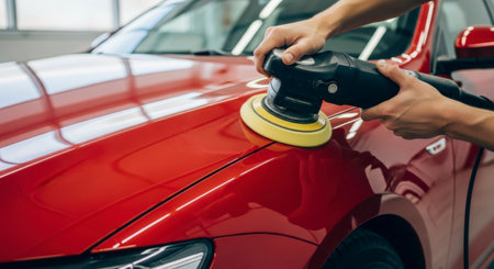 Close up of a person hands using an orbital polisher to buff the glossy red paint of a car, highlighting professional auto detailing and vehicle care.の素材