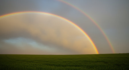 A vibrant double rainbow arches across a cloudy sky over a wide, lush green field. The natural phenomenon creates a colorful spectacle after rain, symbolizing hope and beauty in nature.の素材