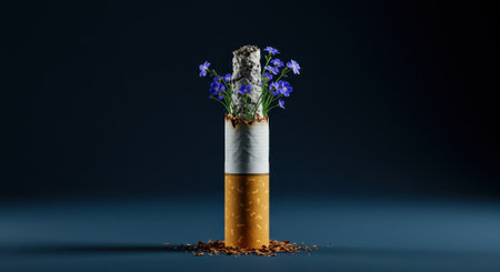 A cigarette butt with ash crumbling, from which vibrant blue flowers are blooming, symbolizing new life and health after quitting smoking. Loose tobacco is at the base.の素材
