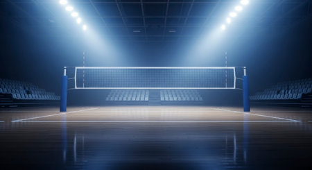Empty indoor volleyball court with a net and poles under bright stadium spotlights, featuring polished hardwood floor and empty spectator seating, ready for a game or event.の素材