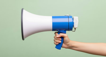 A human hand holds a blue and white megaphone, symbolizing communication, public announcement, and attention. Ideal for concepts of protest, marketing, or important messages.の素材