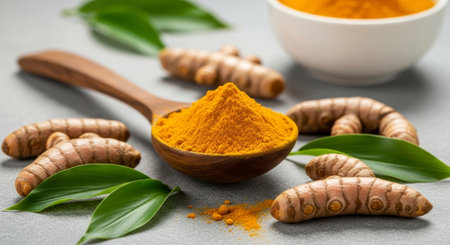 Vibrant yellow turmeric powder heaped in a wooden spoon, surrounded by fresh turmeric roots and green leaves on a grey surface. A white bowl with more powder is in the background, highlighting this healthy spice and natural ingredient.の素材