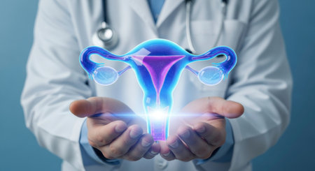 Doctor in a lab coat holding a glowing 3D rendering of the female reproductive system, featuring the uterus, fallopian tubes, and ovaries, symbolizing women health.の素材