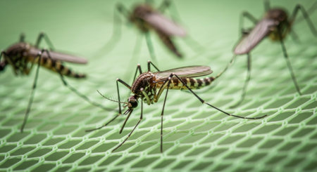 Close up macro photograph of several mosquitoes with striped bodies and legs resting on a light green mesh net, highlighting their intricate details and insect anatomy.の素材