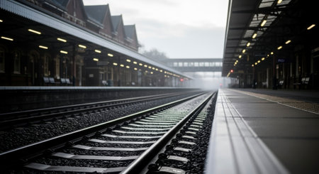 Empty train station platform with railway tracks stretching into the misty distance under a covered canopy with illuminated lights, conveying a sense of travel and journey.の素材