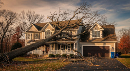 A large tree has fallen onto the roof and front porch of a two story suburban house, causing significant property damage after a storm. Debris covers the lawn and driveway.の素材