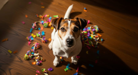 A small Jack Russell Terrier dog sits on a wooden floor, surrounded by colorful confetti and streamers, looking directly up at the camera. This playful scene captures a pet amidst a celebration.の素材
