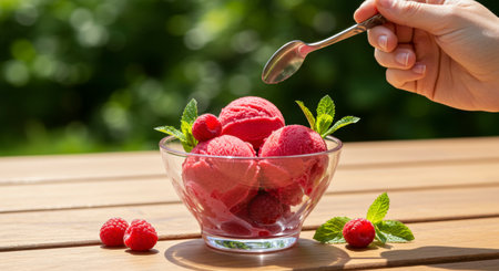 A hand with a spoon reaching for vibrant raspberry sorbet in a glass bowl, garnished with fresh raspberries and mint leaves on a wooden table outdoors in sunlight.の素材