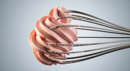 A close up studio shot of a metal whisk holding a swirl of light pink cream or meringue, showcasing the texture and consistency of the sweet dessert ingredient.の素材