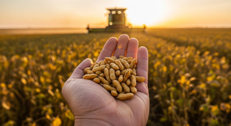 Hand holding a pile of soybeans in a cultivated field at sunset, with a combine harvester in the background. Focus on agriculture, harvest, and farming technology.の素材