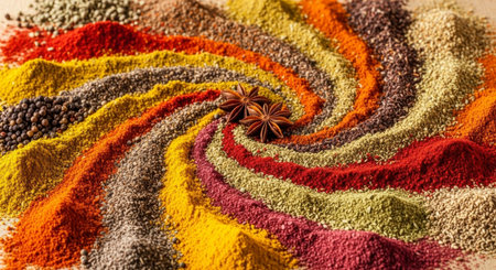 Vibrant piles of assorted spices and herbs, including star anise, arranged in a colorful swirling spiral pattern. A rich variety of culinary ingredients for cooking and flavor.の素材