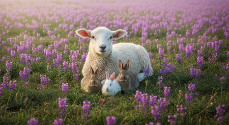 A fluffy white lamb sits with three small rabbits in a vibrant field of purple lupine flowers and green grass, bathed in soft natural light.の素材
