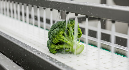 Fresh green broccoli head moving on a conveyor belt under water jets for washing in a food processing plant, emphasizing hygiene and quality control.の素材