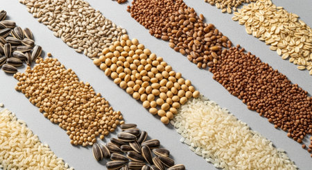 Diagonal rows of various healthy grains and seeds, including sunflower seeds, soybeans, rice, buckwheat, and oats, arranged on a light surface. A top down view showcasing diverse textures and colors of natural food ingredients.の素材