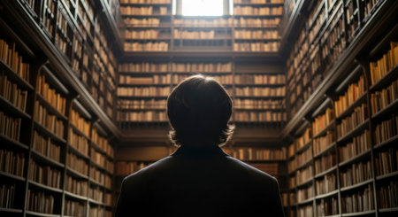 A man stands silhouetted in a grand, dimly lit library, looking up at towering bookshelves filled with old books. The scene evokes knowledge, history, and academic pursuit.の素材