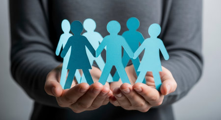 Hands gently holding a group of light blue paper cut out figures, symbolizing community, support, and human connection.の素材