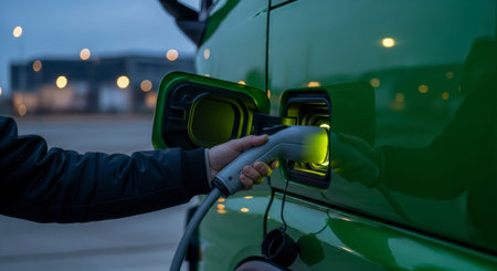 A man hand connects an electric charging cable to a green vehicle port at dusk, emphasizing sustainable transportation and eco friendly technology.の素材