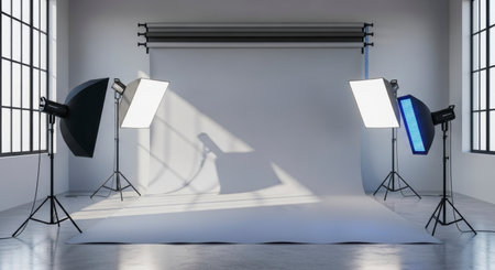 An empty professional photography studio setup featuring a light grey seamless paper backdrop, multiple studio lights on stands, and large windows casting natural light and shadows on the concrete floor.の素材
