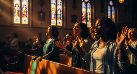 Diverse women worshiping in a church, raising hands in prayer and devotion. Sunlight streams through colorful stained glass windows, illuminating the pews and creating a spiritual atmosphere during a religious service.の素材