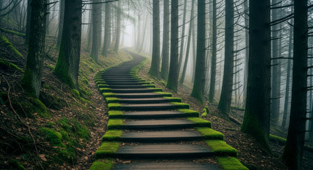 A winding wooden staircase covered with vibrant green moss ascends through a dense, misty forest, creating a serene and mysterious natural path.の素材