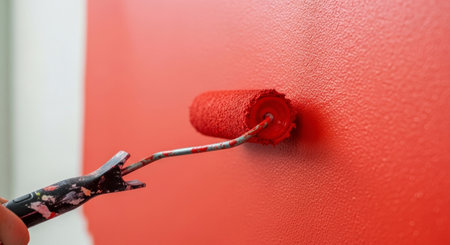 A close up view of a paint roller applying vibrant red paint onto a textured wall, showing the process of home renovation and interior decoration. The roller creates a fresh, even coat of color.の素材