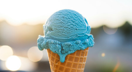 A vibrant blue scoop of ice cream melting slightly in a crisp waffle cone, set against a soft, sunlit outdoor background with warm bokeh lights, evoking a refreshing summer treat.の素材