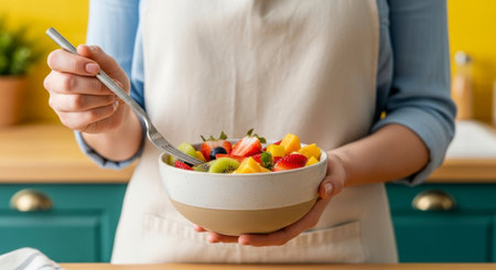 A woman in a light apron holds a ceramic bowl filled with a vibrant fruit salad, poised with a fork in a modern kitchen. The colorful mix includes fresh strawberries, kiwi, mango, and blueberries, emphasizing healthy eating.の素材
