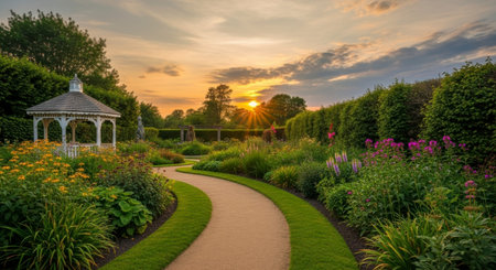 A curved garden path leads through a lush, vibrant garden with a white gazebo on the left, bathed in the warm glow of a sunset sky.の素材