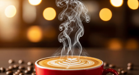 A close up shot of a steaming red cup of coffee with intricate latte art, surrounded by scattered coffee beans and warm bokeh lights, evoking a cozy cafe atmosphere.の素材