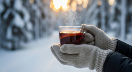 Hands in warm knitted gloves holding a steaming glass mug of hot mulled wine or tea in a snowy winter forest at sunset, evoking comfort and coziness.の素材