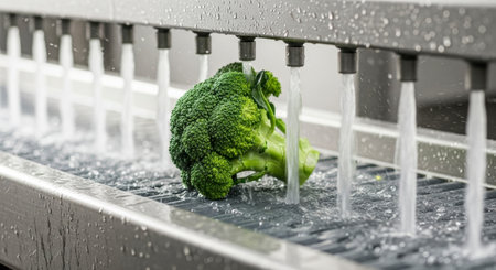 A vibrant green broccoli head is thoroughly washed by multiple water jets on a conveyor belt in an industrial food processing facility, ensuring cleanliness and freshness.の素材