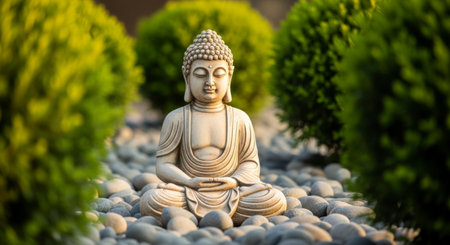 A serene Buddha statue sits in a meditative pose on smooth gray river stones, surrounded by vibrant green bushes in a peaceful outdoor garden.の素材