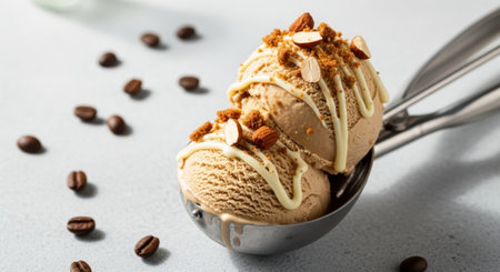 Two scoops of creamy coffee ice cream in a metal scoop, topped with white chocolate drizzle, crushed cookies, and sliced almonds, with scattered coffee beans on a light surface.の素材