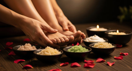 Woman hands gently touching her feet during a relaxing spa treatment, surrounded by bowls of colorful bath salts, cream, lit candles, and scattered rose petals on a dark wooden surface.の素材