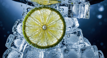 A vibrant green lime slice and clear ice cubes submerged in sparkling water, creating a refreshing and effervescent scene with numerous bubbles.の素材